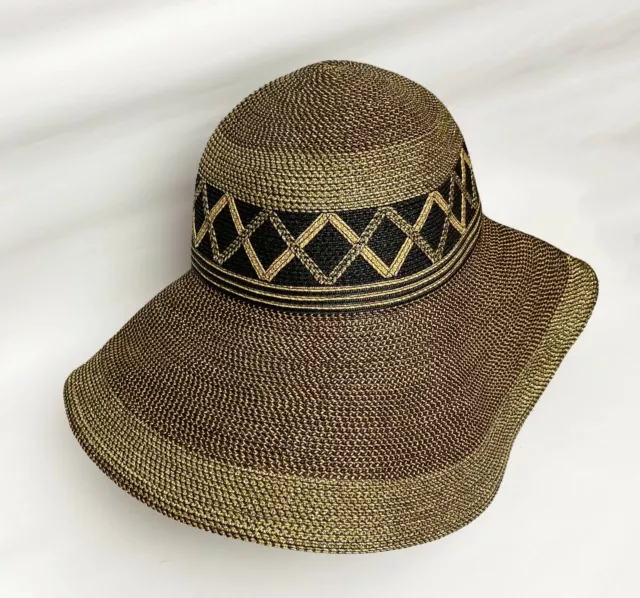 Vintage - [ ERIC JAVITS ] Woven Soft Straw Gold & Black Summer Hat MADE IN USA