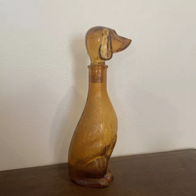 One Vintage Empoli Amber Glass Dog Shape Decanter Mid Century Genie Bottle 13.5”