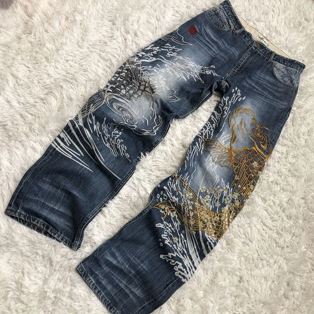 Mechanism Soul Denim Jeans Embroidery Japanese Pattern Carp Money Silver Flower