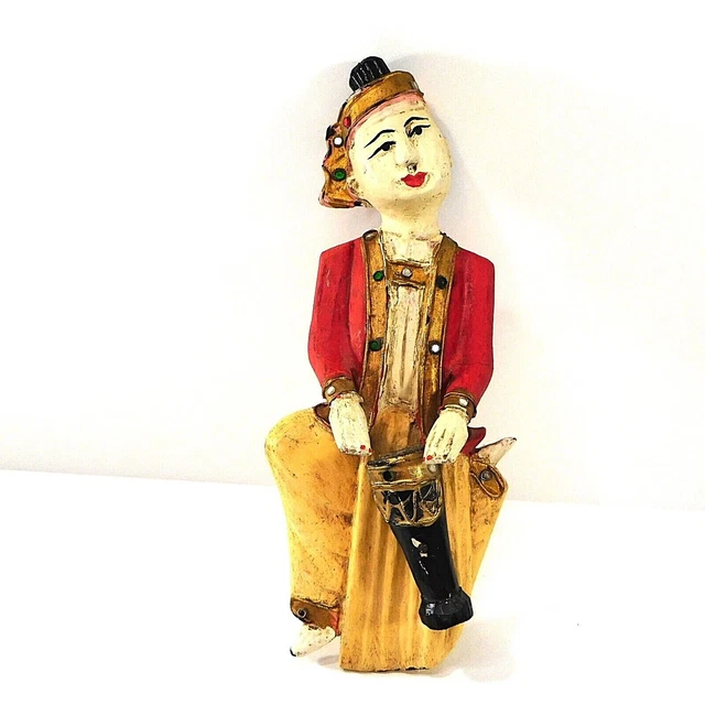 3 Burmese Temple Musicians Wall Plaques Hand Carved Wood Java Burma 10" 2