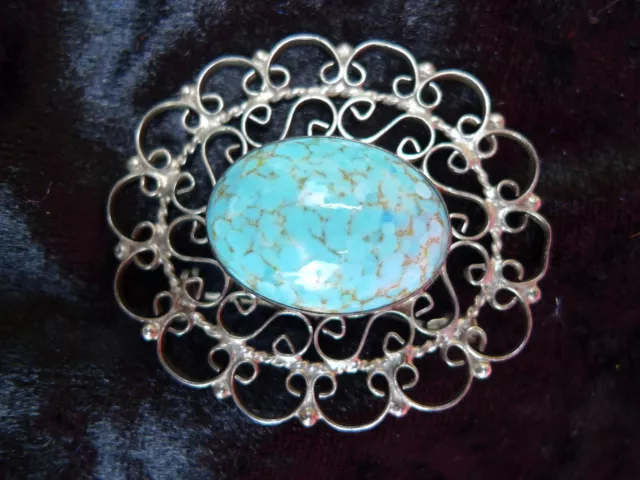 Très Belle ,vieux Broche __ 925 Argent __ Avec Grand Turquoise __Bouton__ 5x4,