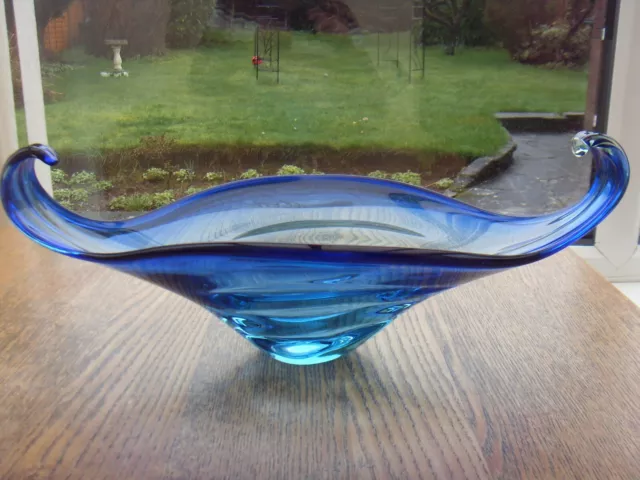 Vintage Murano Glass Large Royal Blue Wing & Rib Bowl Hand Blown Vg Condition