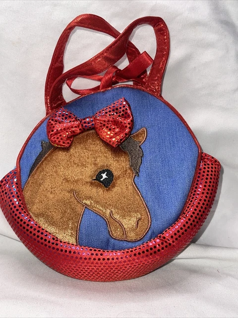 Aurora Kids Horse Pony Purse Hand Bag Plush Horse Red Sparkle Bow Blue Denim 6"