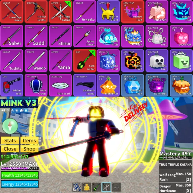 Blox Fruits] Lv Max, Awaken Quake (All skills), All V1/V2 Melee, Random  Mythical/Legendary Sword, unverified