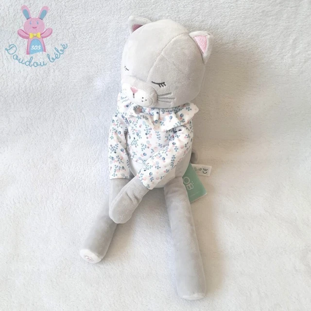 NEUF - Doudou Chat gris blanc pull fleurs rose bleu OBAIBI OKAIDI