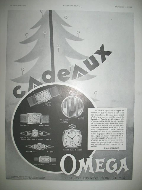 Publicite De Presse Omega Montre Heure Exacte Pour La Vie Cadeaux French Ad 1930