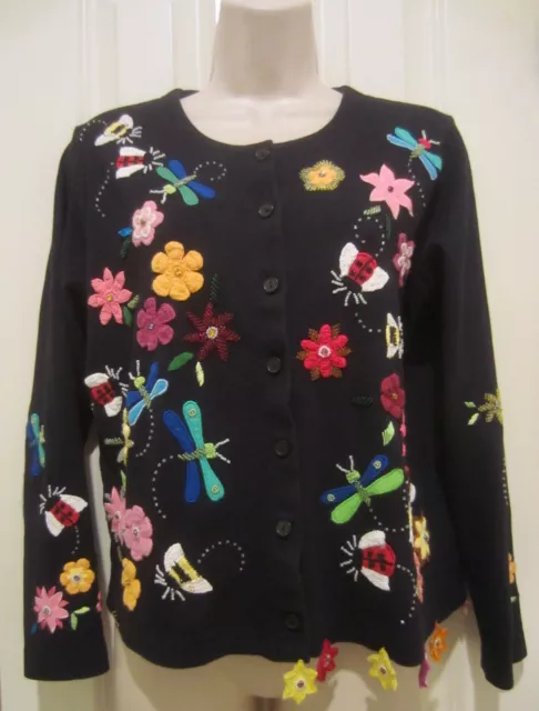 BERER Takako Sakon Womans Black Cardigan Sweater Beaded embroidered flowers Sz S