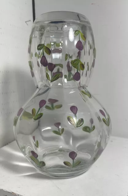 Vtg Hand Painted tulip Floral Glass Tumble Up Bedside Water Carafe Cup Purple