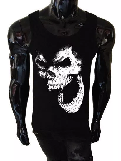 Teschio Canottiera Serigrafato Uomo Gilet Punk Rock Horror Demone Vampiro Gotico