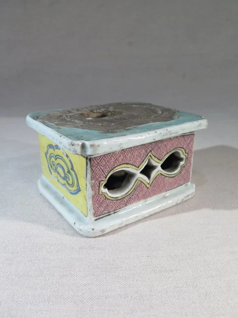 Ancien Socle Porcelaine Polychrome Chine Pour Statuette Travail Extreme Orient
