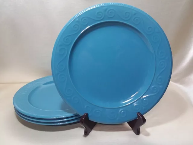 4 Royal Norfolk Dinner Plate. Turquoise Embossed Scrolls  10.5”. NWT