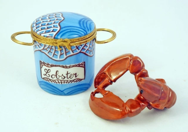 New French Limoges Trinket Box Red Lobster in Lobster Pot with Blue Fishing Net