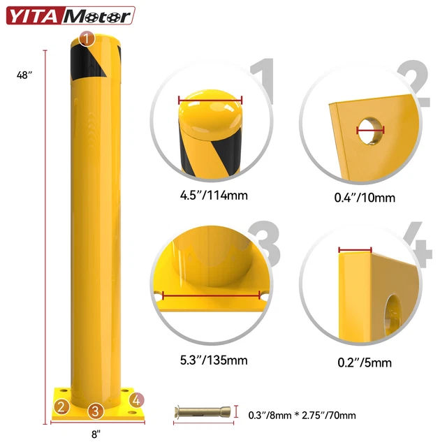 Suavir 1PCS Safety Bollard Post Yellow Powder Coat Pipe Steel Barrier 48*4.5"