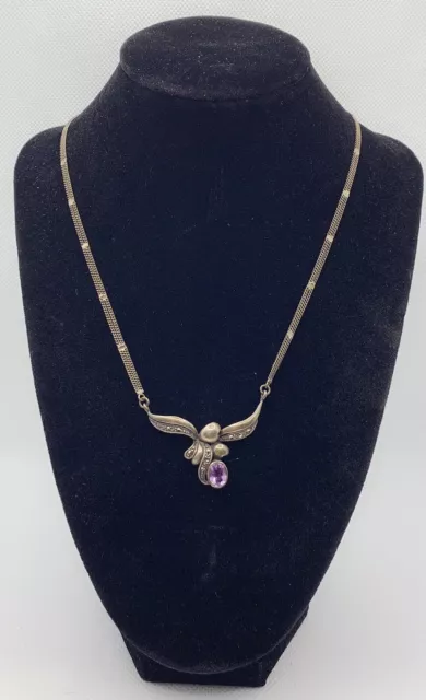 VINTAGE 925 STERLING SILVER W/ AMETHYST MARCASITE NECKLACE 9.1g #ybb