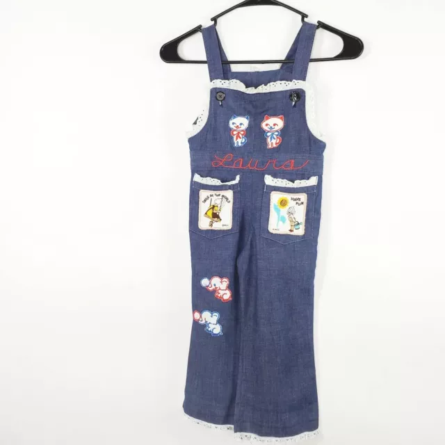 Vintage 60s 70s Girls Patch Denim Romper Laura Embroidered Pockets