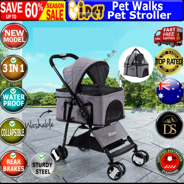 i.Pet Pet Stroller Dog Carrier Foldable Pram 3 IN 1 Middle Size Grey 4 Wheels