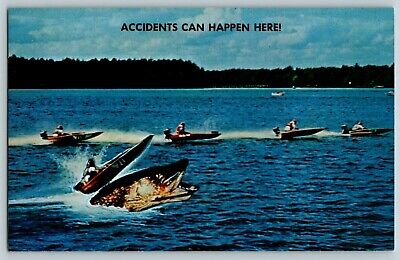 Accidents Can Happen Here! Monster Fish Speed Boats  Vtg 1966 Comic Postcard