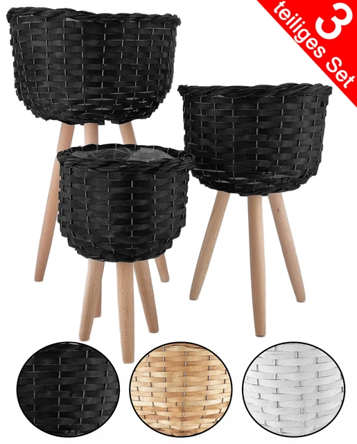 3ER SET BLUMENTOPF aus Rattan Holz Blumenkasten mit Füßen Pflanztopf