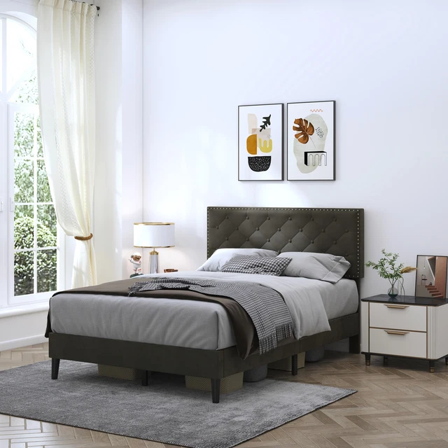 4FT6 DOUBLE VELVET Bed Frame Adjustable Headboard Solid Wood Slats Easy