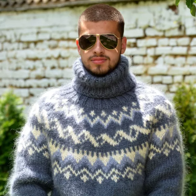 Gray Nordic Mohair Sweater Hand Knitted Jumper Icelandic Turtleneck Pullover