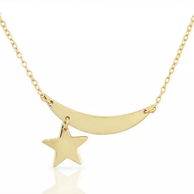 Sterling Silver Gold Plated Half-Moon Star Horizontal Sideways Pendant Necklace