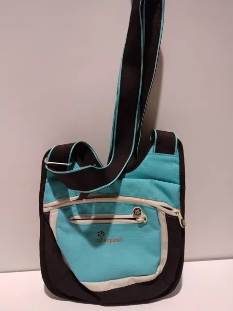 Sherpani Switch Crossbody Bag Multiple Pocket Purse aqua and brown. VGC