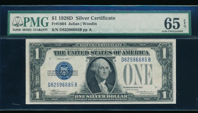 AC 1928D $1 Silver Certificate PMG 65 EPQ D-B block Fr 1604