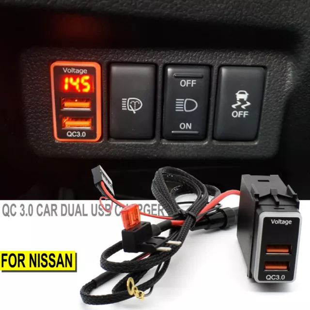 For Nissan QC3.0 Quick Charger Dual USB Phone Adapter Port LED Digital Voltmeter