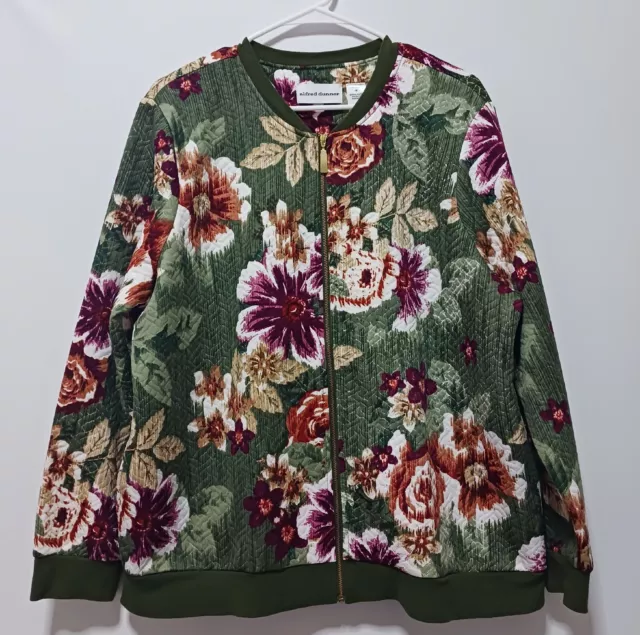 Alfred Dunner Bomber/Jacket women's size 18  green floral full zip- long sleeve