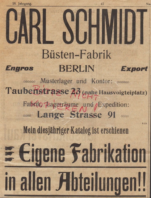 BERLIN, Werbung 1905, Carl Schmidt Büsten-Fabrik
