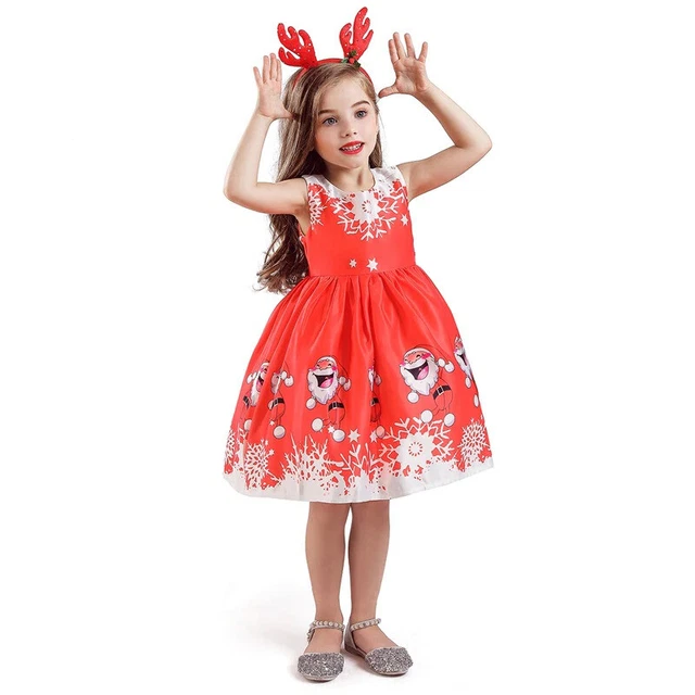 New Silk Santa Claus Girls Christmas Party Dress Princess Kids Xmas Clothes 3-10