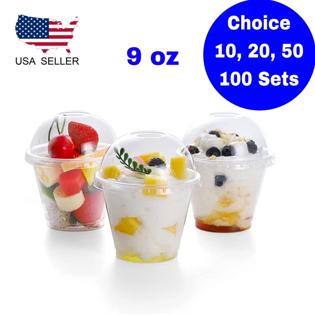 9 OZ CLEAR Plastic Cups with Dome Lids With Hole Dessert Cold Drink
