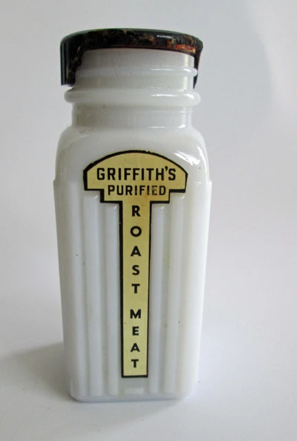 Vintage Griffith's Purified Milk Glass Spice Bottle Jar Black Lid Meat READ Vintage Griffith's Purified Milk Glass Spice Bottle Jar Black Lid Meat READ