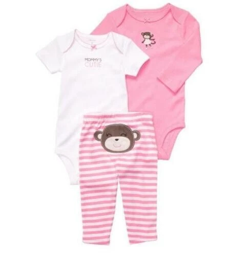 NEW Carter's 3 PC Little Layette Character Set Outfit Baby Girl Pink Monkey