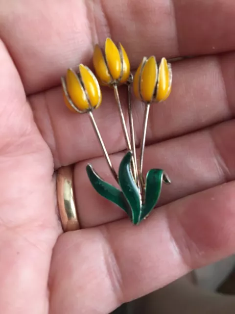 Vintage Enamel Tulip Pin Brooch Sterling Silver Yellow Spring Flower