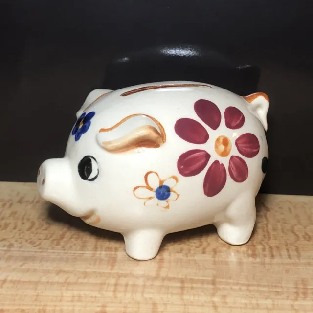 Vintage Piggy Bank Baby Pig Ceramic Figurine Flowers Hand Painted Home Decor 4"