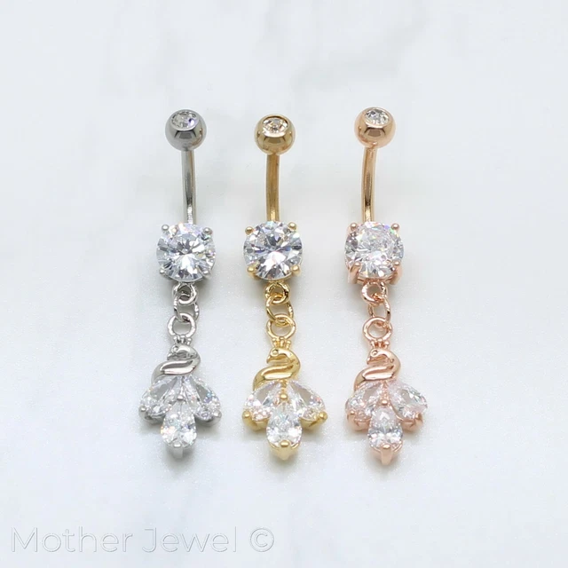 Simulated Diamond Peacock Dangle Navel Belly Silver 14K Yellow Rose Gold Ip Ring
