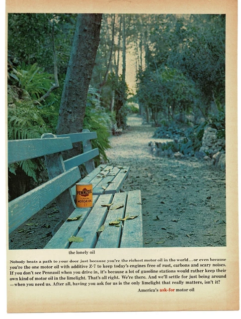 1968 PENNZOIL Motor Oil yellow can on blue bench Vintage Print Ad