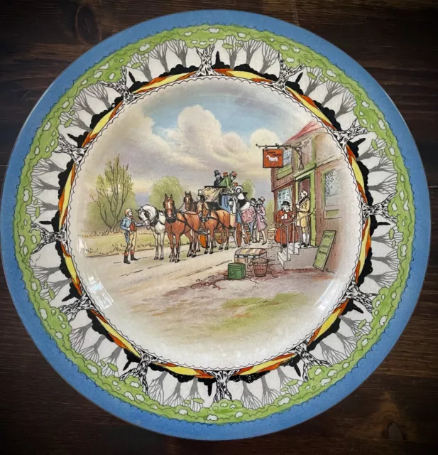 Grimwades Royal Winton China 10.5” Plate, Old Coaching Scene, Art Deco Woods Rim