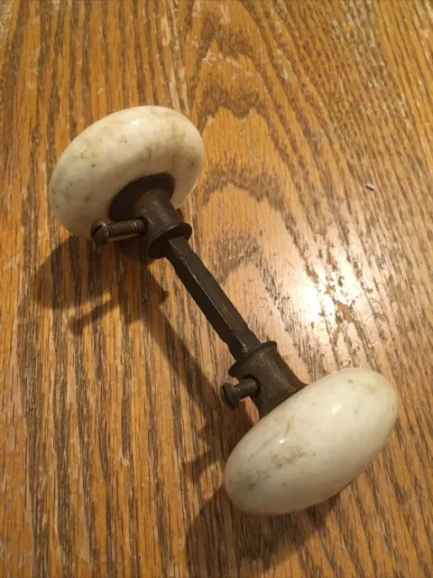 Vintage Antique WHITE Porcelain Door Knob Set w/Spindle