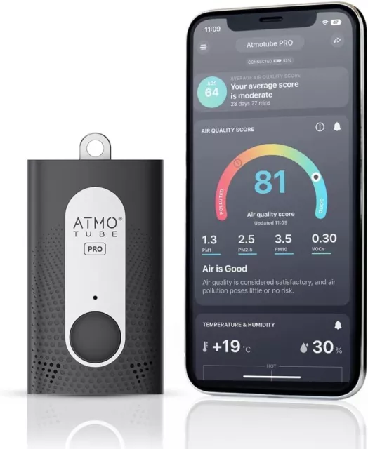 Atmotube Pro Portable Outdoor and Indoor Air Quality Monitor Black