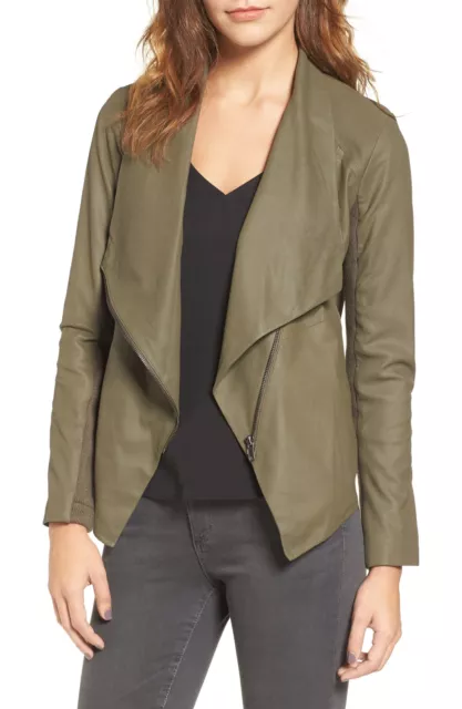 BB Dakota 254635 Womens Kenrick Drape Neck Leather Jacket Green Size X-Small