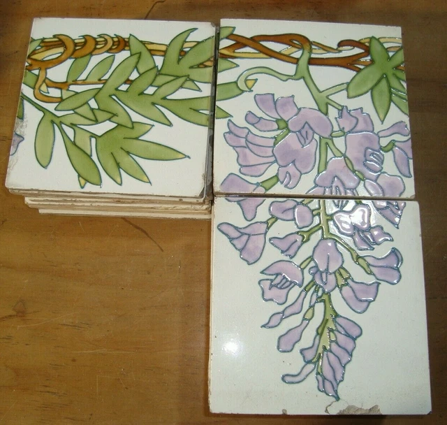 Purple wisteria flowers 36 France Sarreguemines Original antique reclaimed tiles