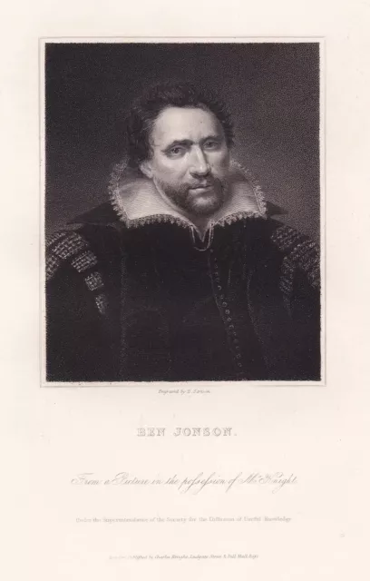 Ben Jonson Anglais Playwright Poète Dramatiker Poète Portrait Engraving 1835