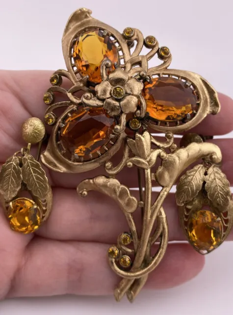 Vintage Art Deco Citrine Glass Brooch And Earrings Gold Gilt Huge Floral Pin Set