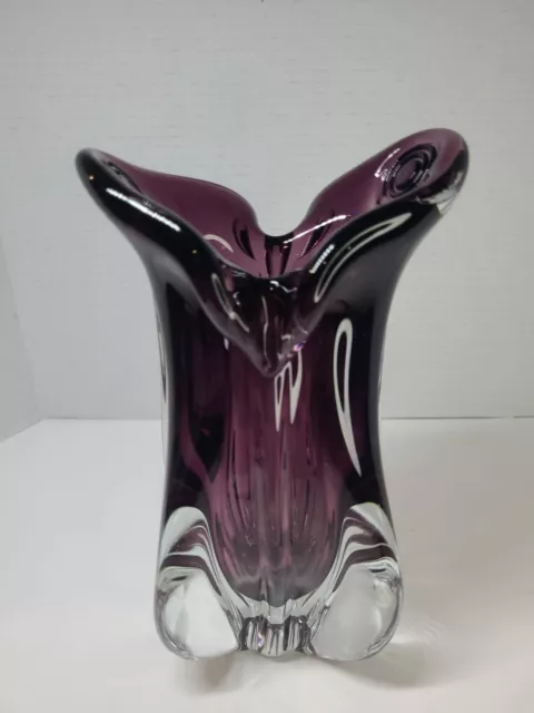 Murano/Czech Bohemian (?) Style Art Glass Tall THICK CLEAR & AMETHYST VASE EUC