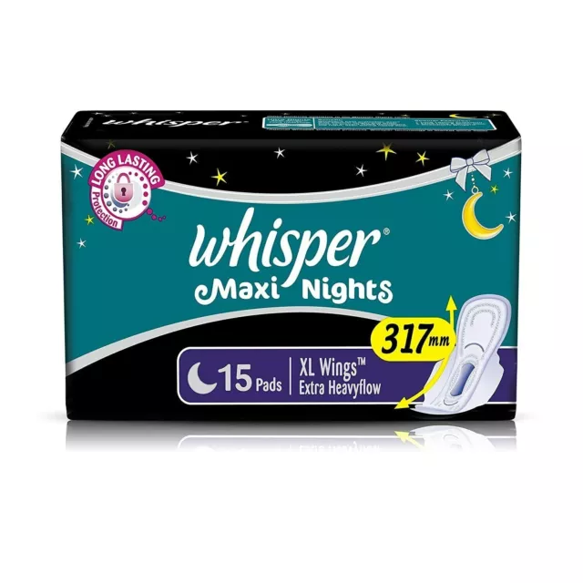 Whisper Maxi Nights Sanitary Pads for Women, XL, Pack of 15 Napkins