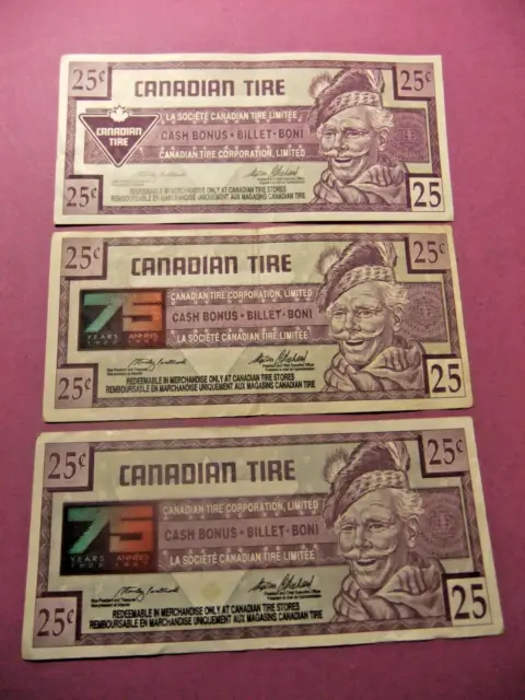 3 Canadian Tire Money Notes - 2x 75th Anniversary and 1 plain 25 Cent Note