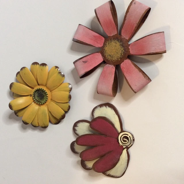 3 imanes de flores de metal rústico rosa margarita amarillo girasol blanco rojo dimensión