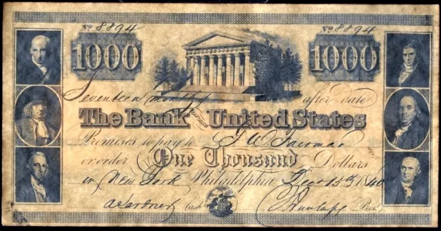 1840 Bank of the United States $1000 Advertising Note Northwest Organ & Piano